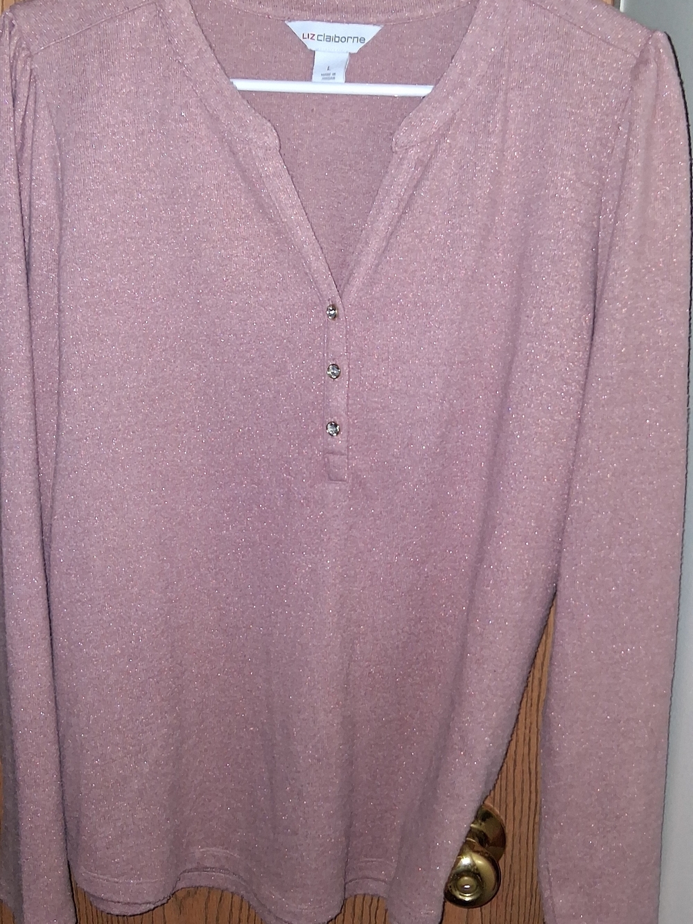 Liz Claiborne Dusty Pink Sparkle V-Neck Henley Sweater